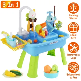 3 In 1 Kitchen Sink Toy With Electric Faucet Water Table Fishing Game Role Play Sink Set Indoor Outdoor For Kids Aged Years Old GPCT5464 (Color: Blue)